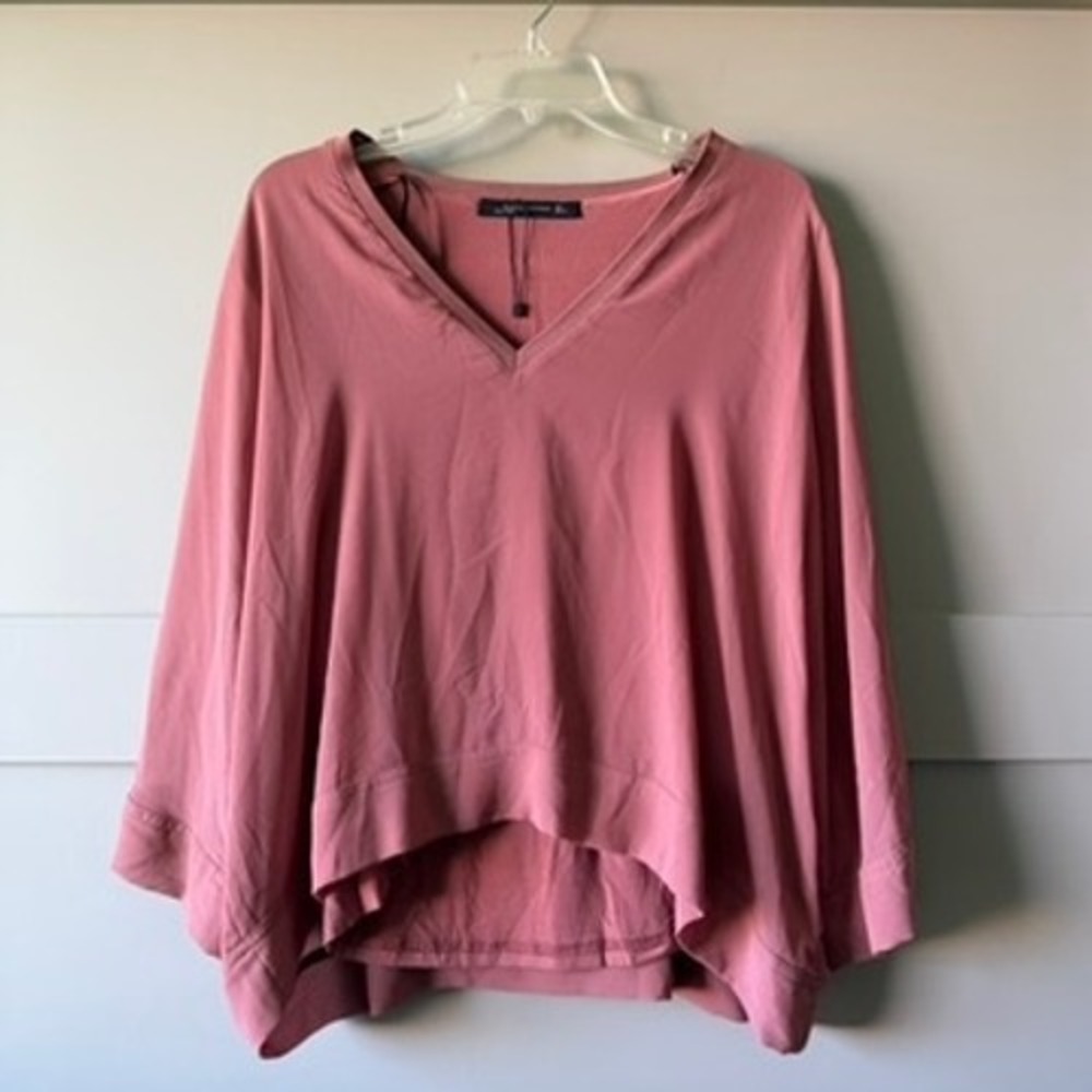Zara Woman Womens L Dusty Pink V Neck High Low Oversized Dolman Sleeve Blouse